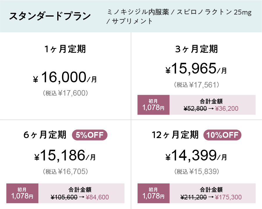 スタンダードプランの1ヶ月・3ヶ月・6ヶ月・12ヶ月定期料金表