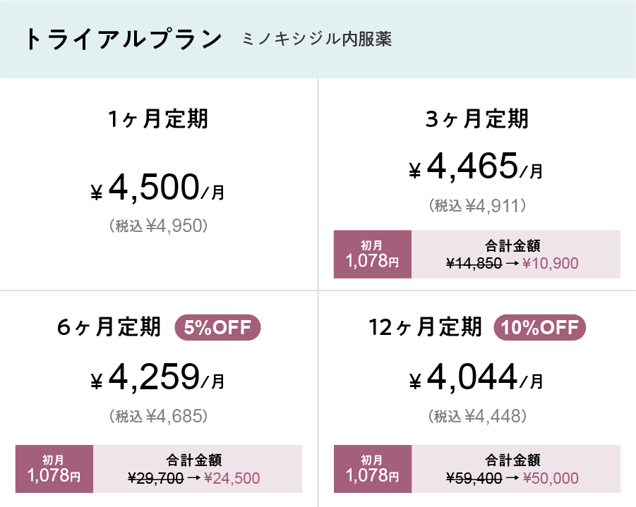 トライアルプランの1ヶ月・3ヶ月・6ヶ月・12ヶ月定期料金表