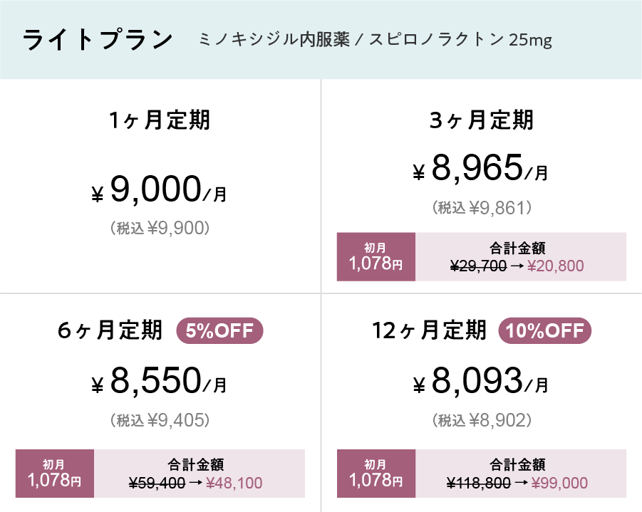 ライトプランの1ヶ月・3ヶ月・6ヶ月・12ヶ月定期料金表