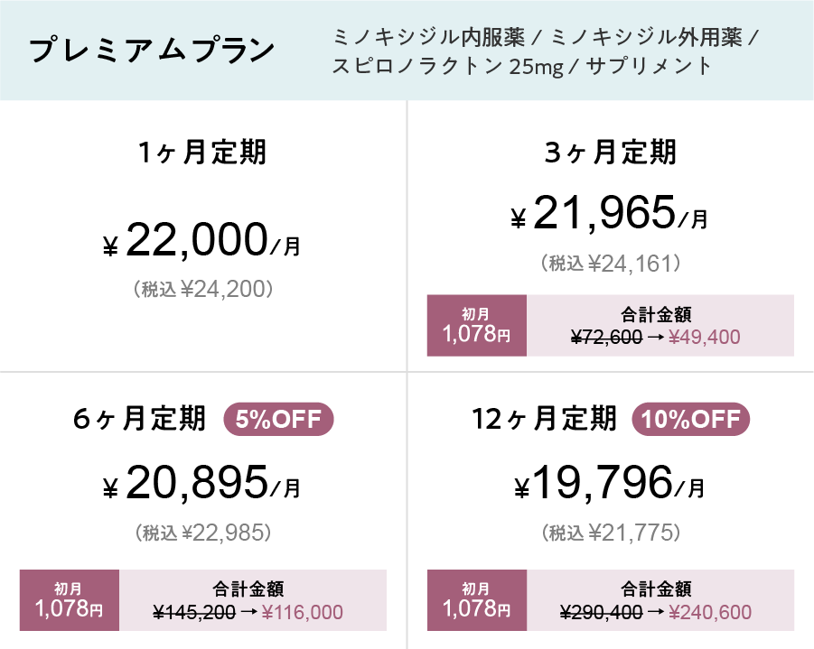 プレミアムプランの1ヶ月・3ヶ月・6ヶ月・12ヶ月定期料金表